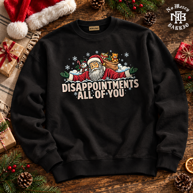 Disappointments All Of You Santa Side Eye Sweater Black — Flatlay creative
