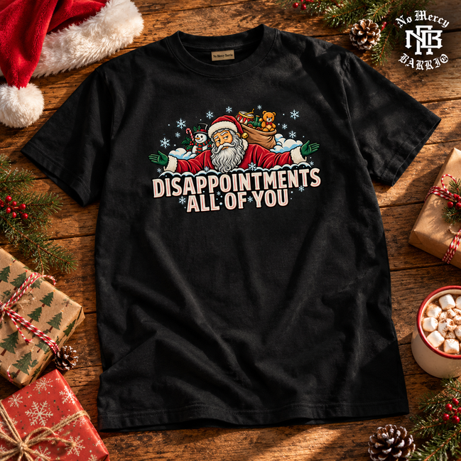 Disappointments All Of You Santa Side Eye T Shirt Black — Flatlay creative