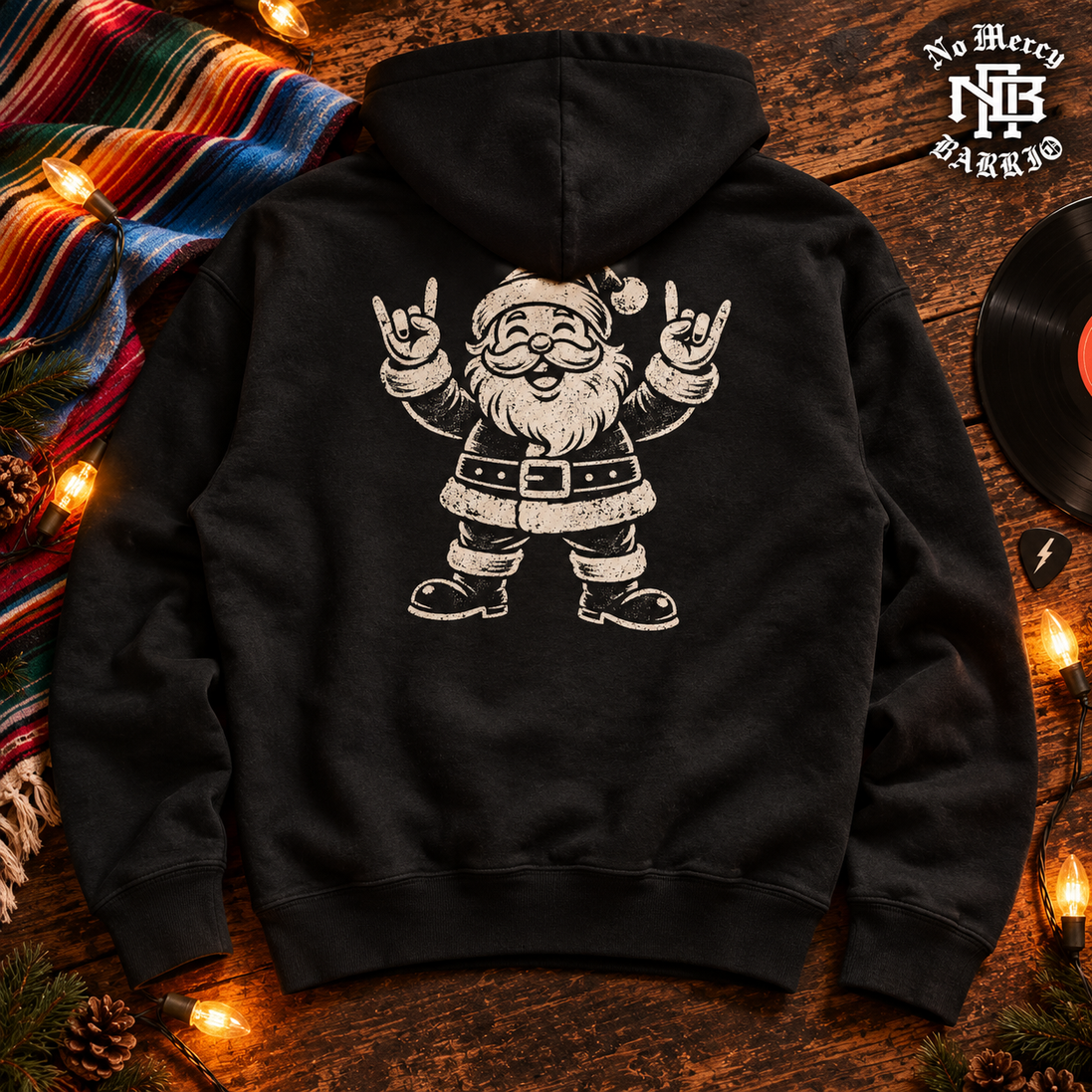 El Rockero Santa – Navidad Old School Hoodie Black — Flatlay creative