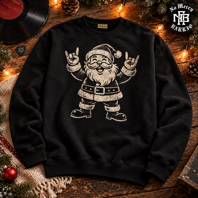 El Rockero Santa – Navidad Old School Sweater Black — Flatlay creative