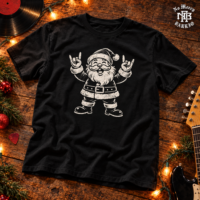 El Rockero Santa – Navidad Old School T Shirt Black — Flatlay creative