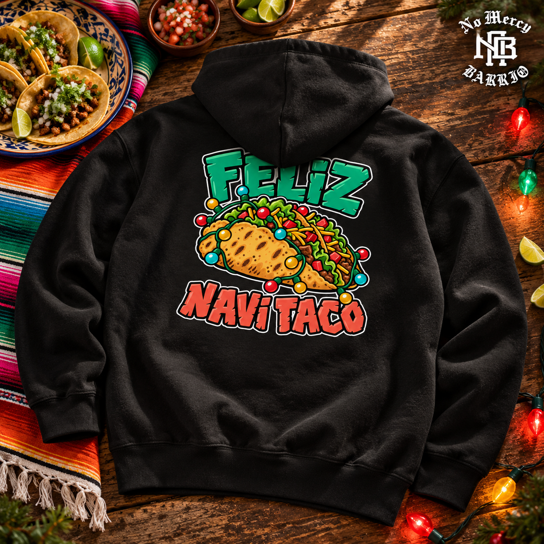 Feliz Navi Taco Cantina Lights Hoodie Black — Flatlay creative