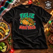 Feliz Navi Taco Cantina Lights T Shirt Black — Flatlay creative