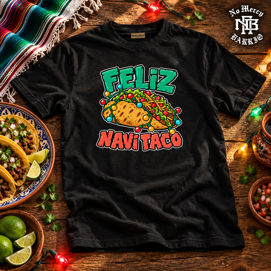 Feliz Navi Taco Cantina Lights T Shirt Black — Flatlay creative