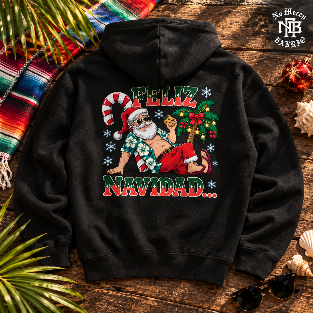Feliz Navidad Beach Siesta Edition Hoodie Black — Flatlay creative