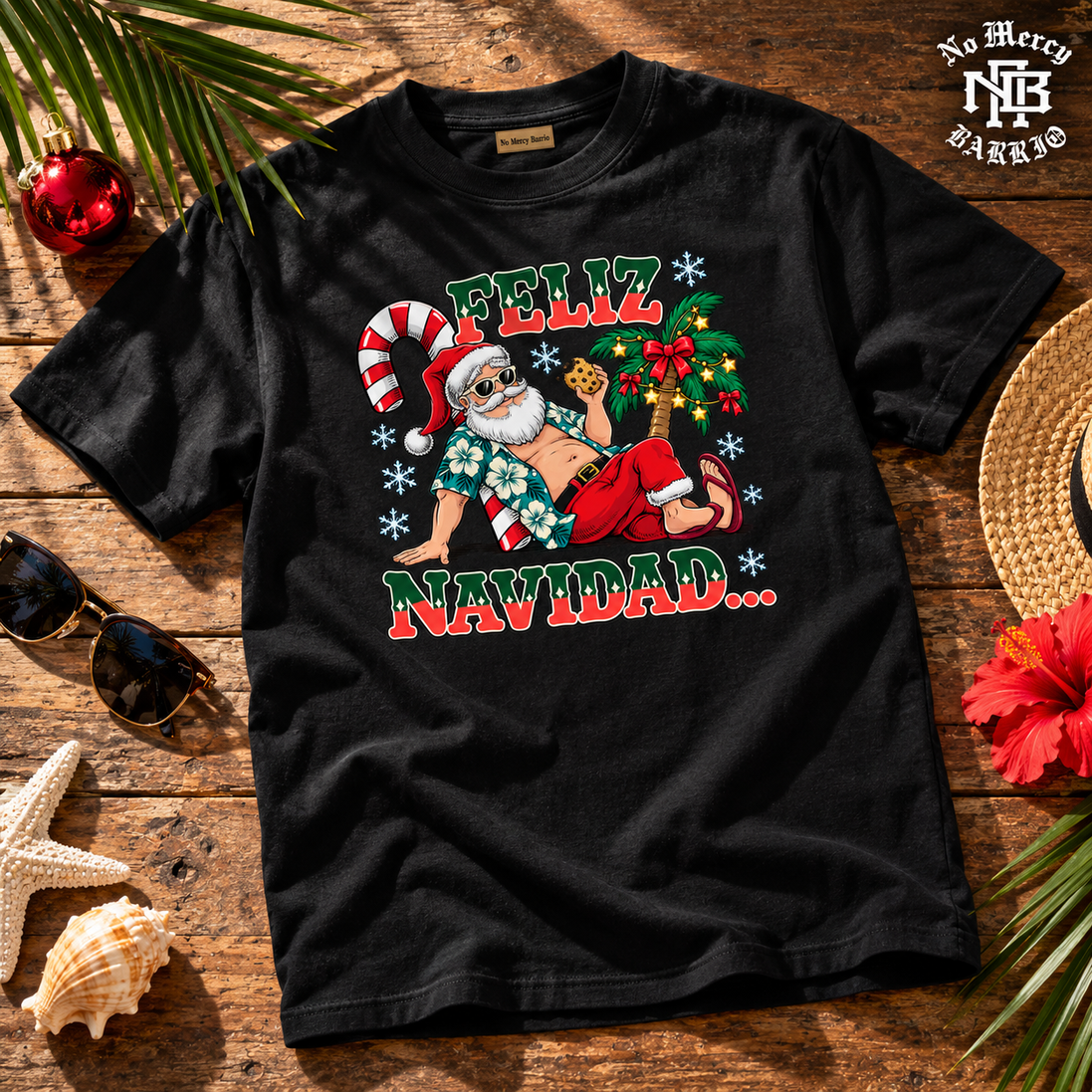 Feliz Navidad Beach Siesta Edition T Shirt Black — Flatlay creative