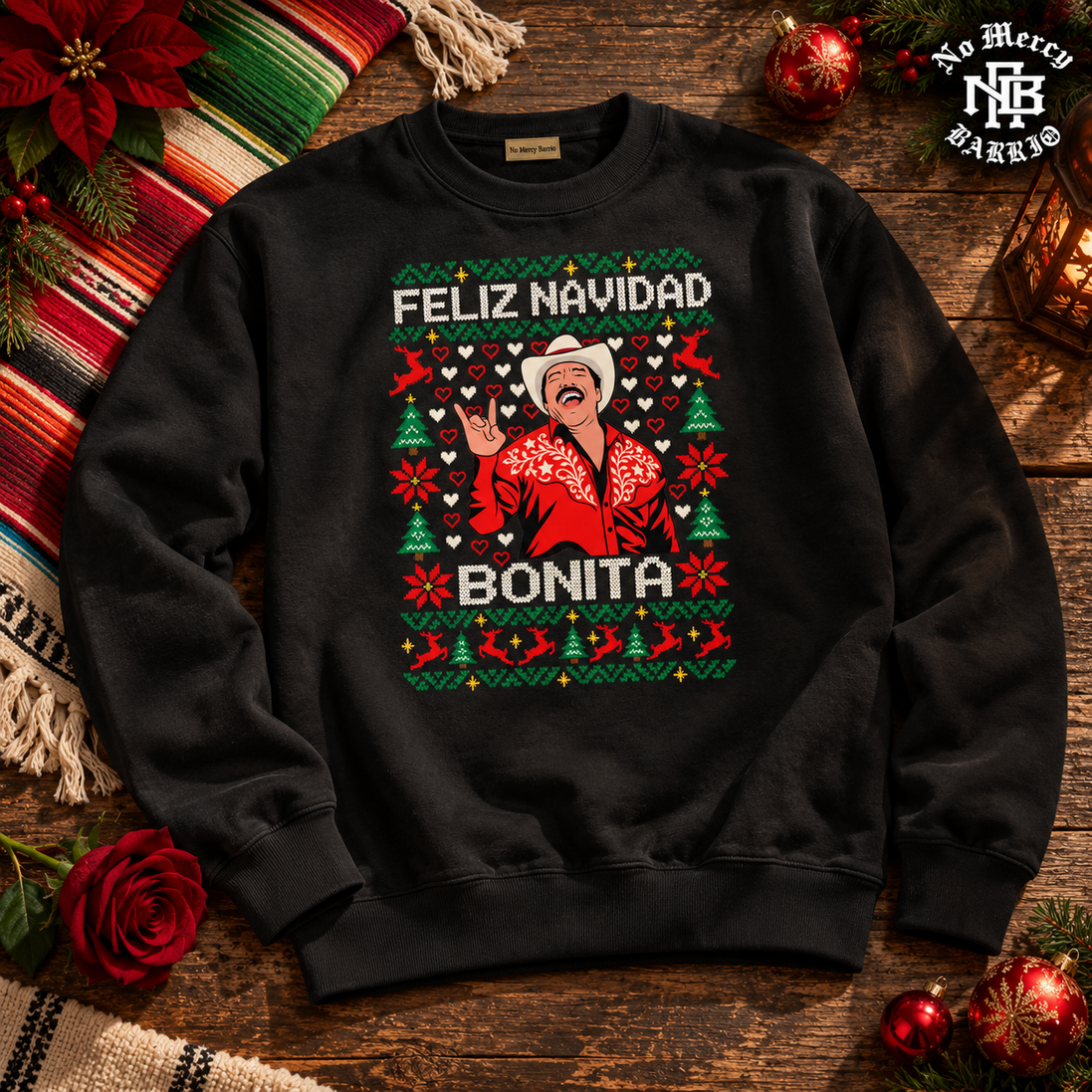 Feliz Navidad Bonita Bordado Edition Sweater Black — Flatlay creative