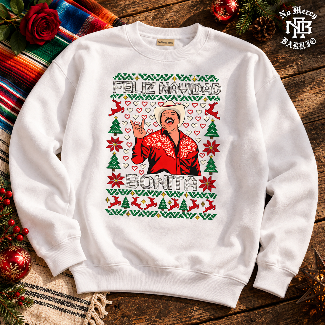 Feliz Navidad Bonita Bordado Edition Sweater White — Flatlay creative