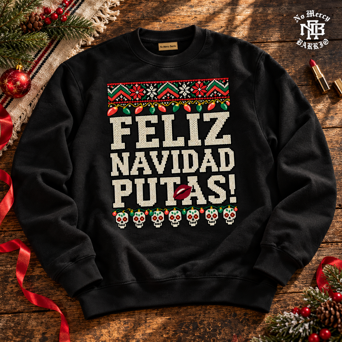 Feliz Navidad Putas Besos Knit Sweater Black — Flatlay creative