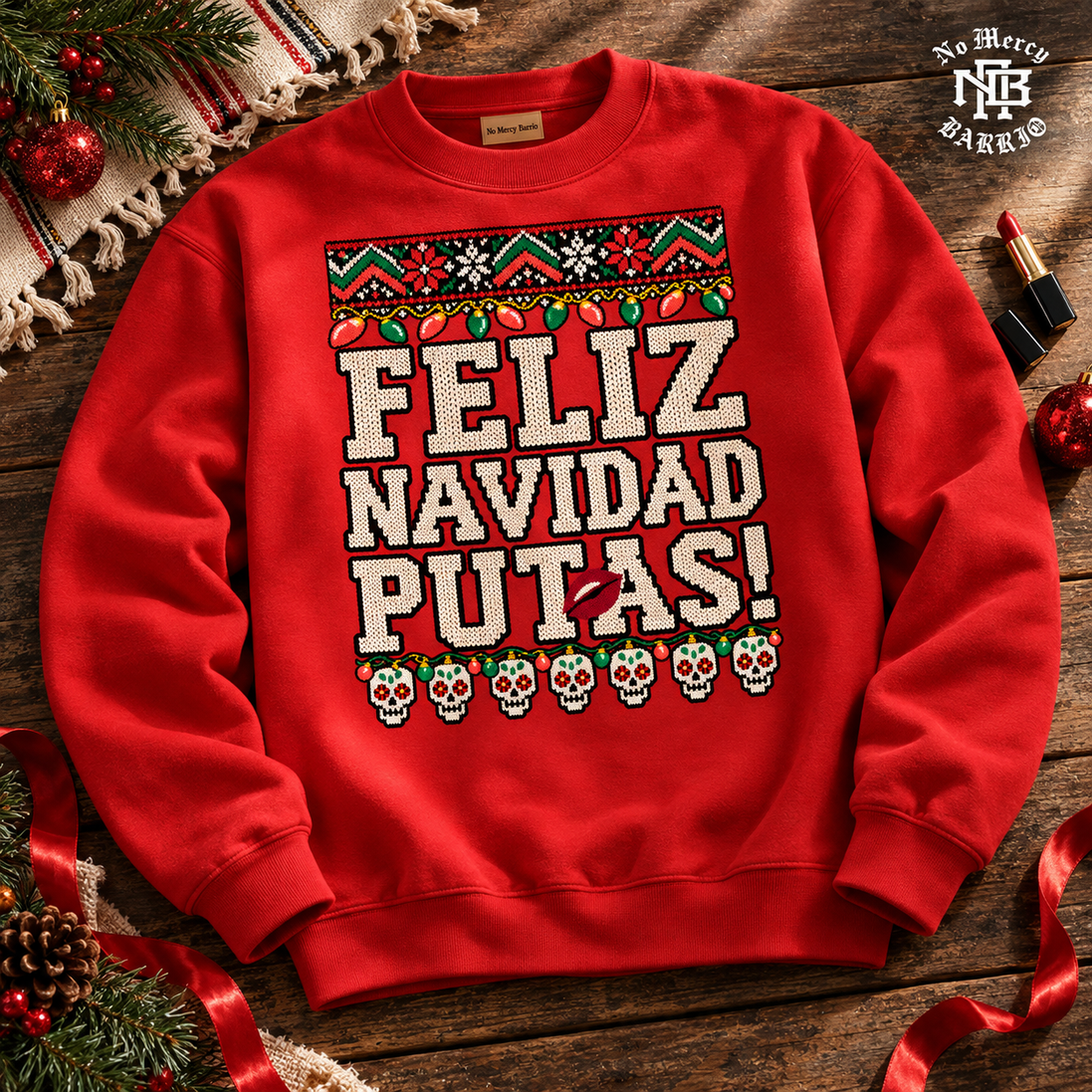 Feliz Navidad Putas Besos Knit Sweater Red — Flatlay creative