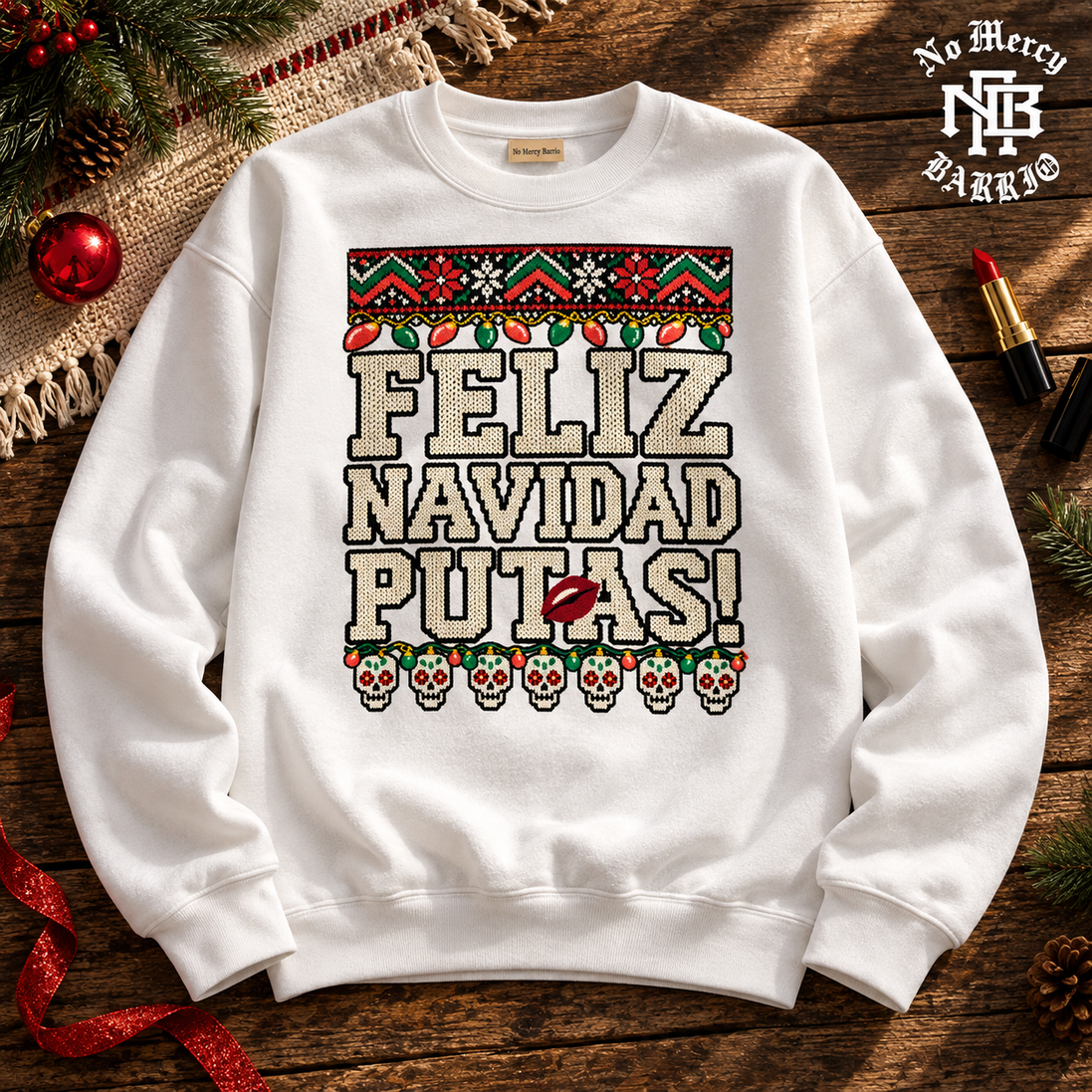 Feliz Navidad Putas Besos Knit Sweater White — Flatlay creative