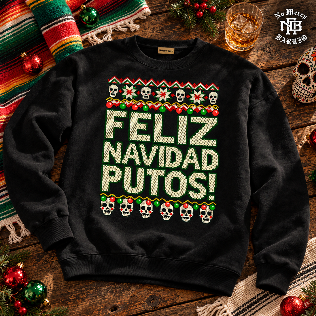 Feliz Navidad Putos Cantina Stitch Sweater Black — Flatlay creative
