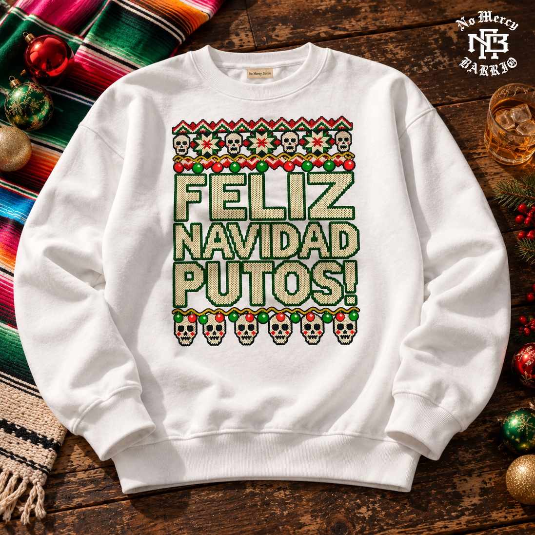 Feliz Navidad Putos Cantina Stitch Sweater White — Flatlay creative