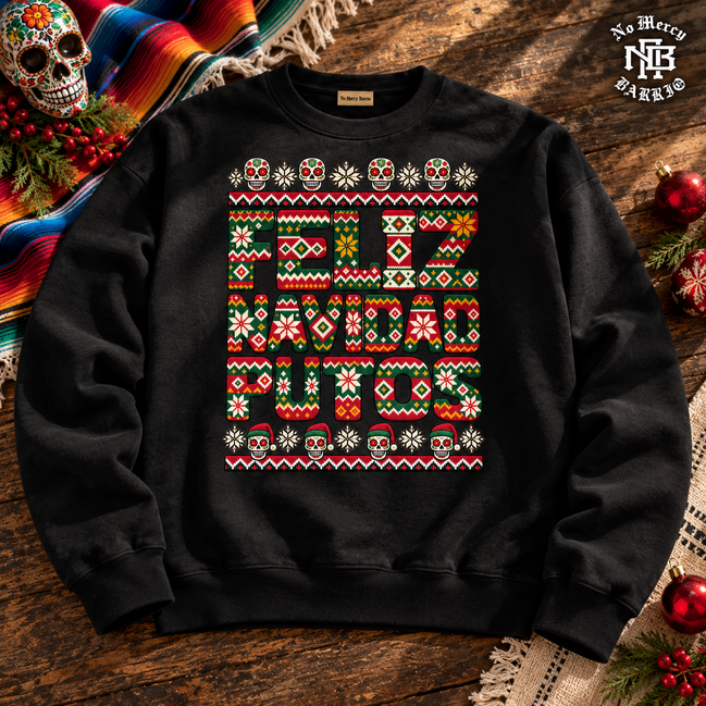 Feliz Navidad Putos Folk Knit Sweater Black — Flatlay creative