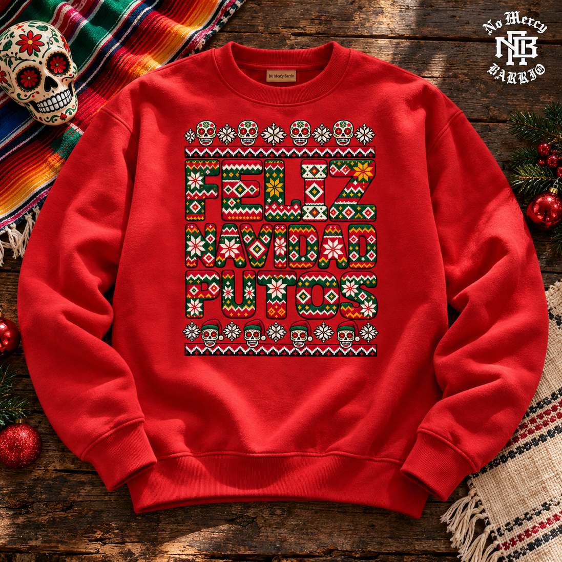 Feliz Navidad Putos Folk Knit Sweater Red — Flatlay creative