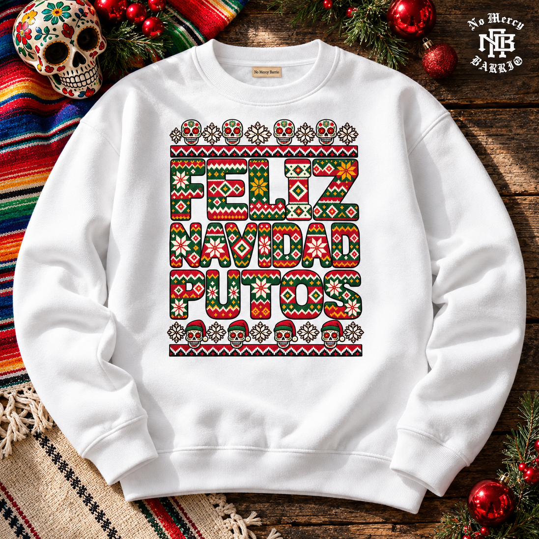 Feliz Navidad Putos Folk Knit Sweater White — Flatlay creative