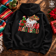 Feliz Navidad Santa Folk Patchwork Hoodie Black — Flatlay creative