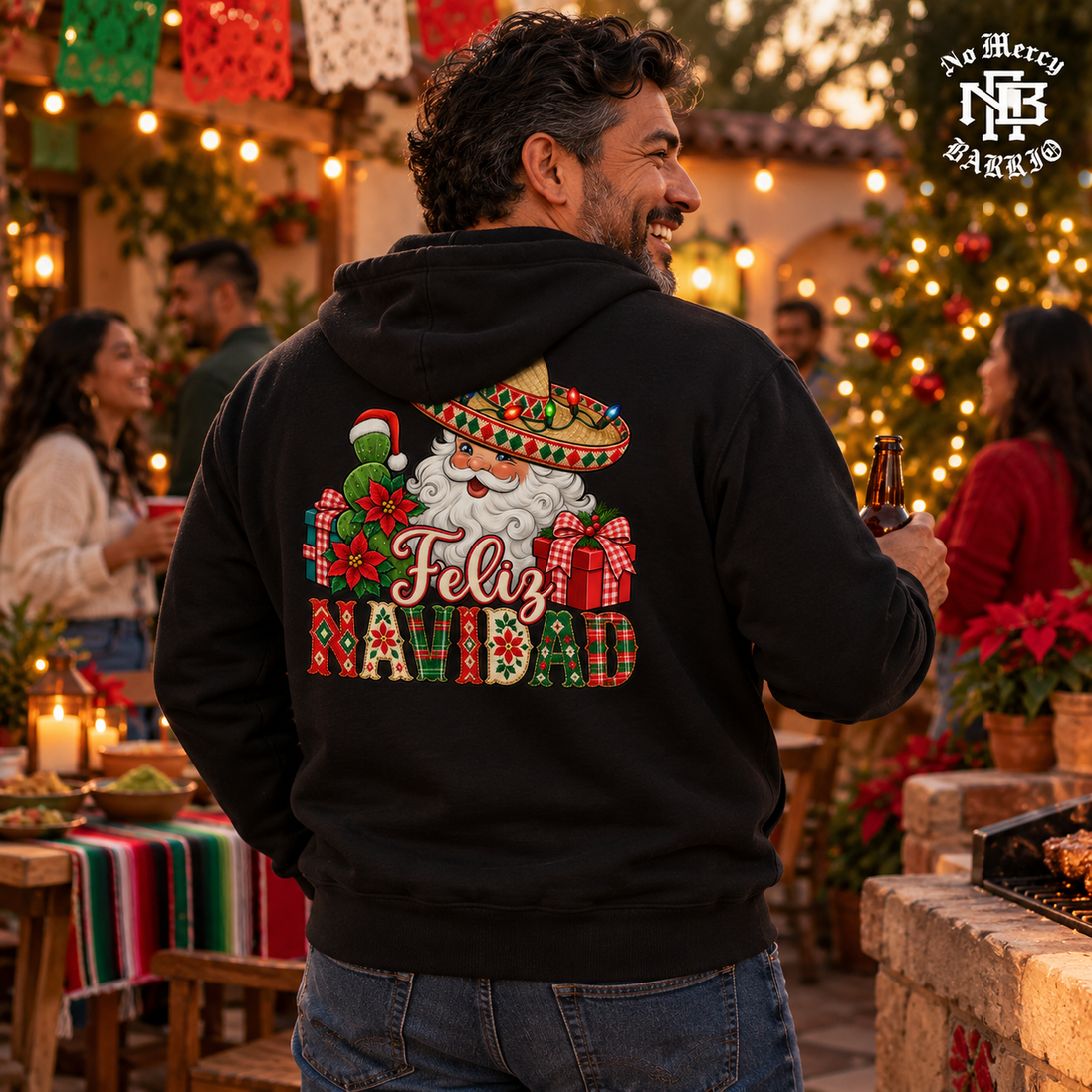 Feliz Navidad Santa Folk Patchwork Hoodie Black — Lifestyle creative