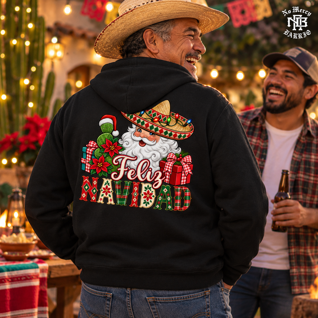 Feliz Navidad Santa Folk Patchwork Hoodie Black — Lifestyle creative