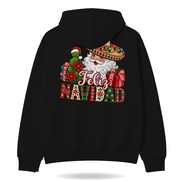 Feliz Navidad Santa Folk Patchwork Hoodie Black — product mockup