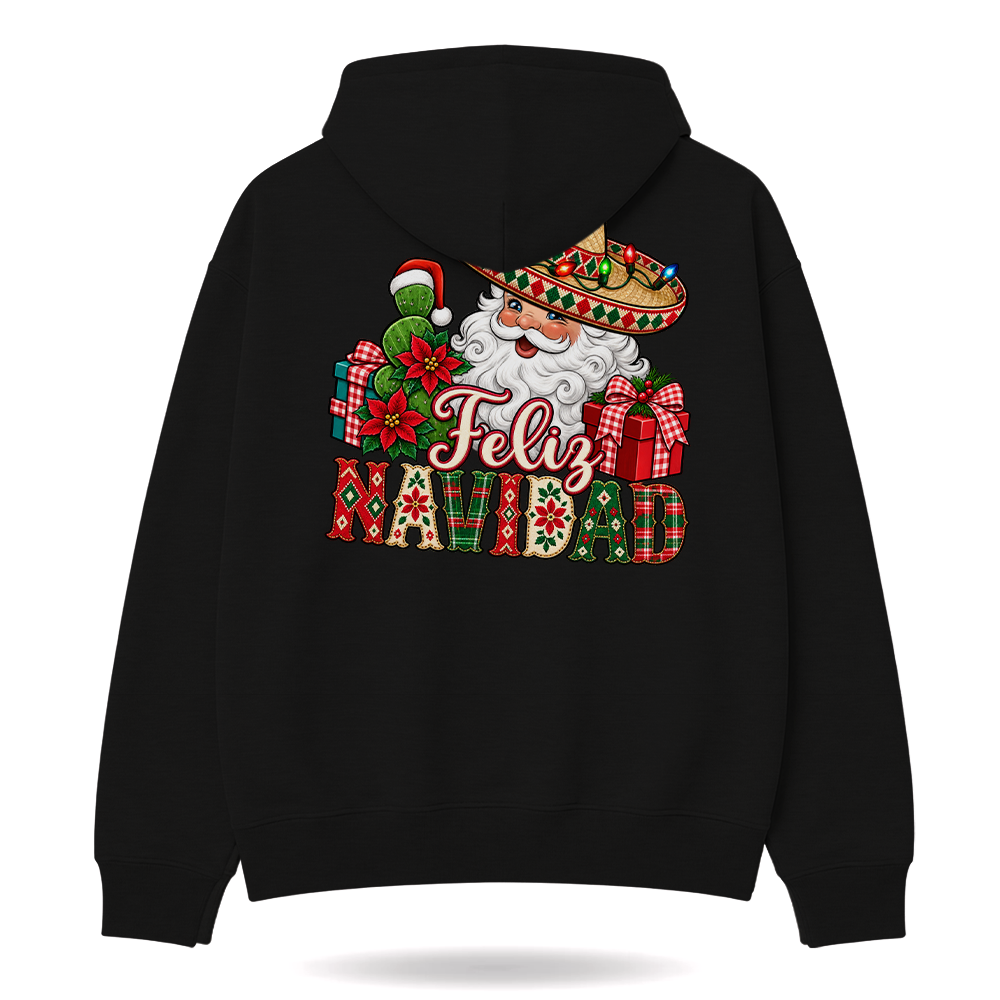 Feliz Navidad Santa Folk Patchwork Hoodie Black — product mockup