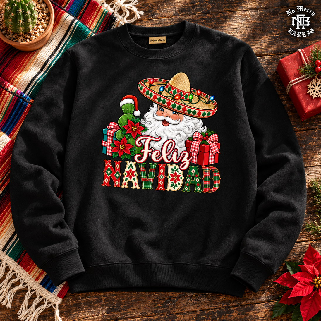 Feliz Navidad Santa Folk Patchwork Sweater Black — Flatlay creative