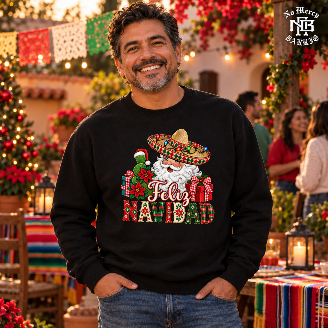 Feliz Navidad Santa Folk Patchwork Sweater Black — Lifestyle creative