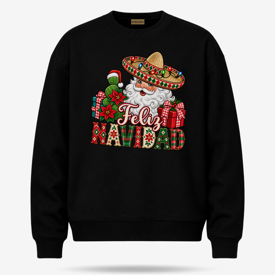 Feliz Navidad Santa Folk Patchwork Sweater Black — product mockup
