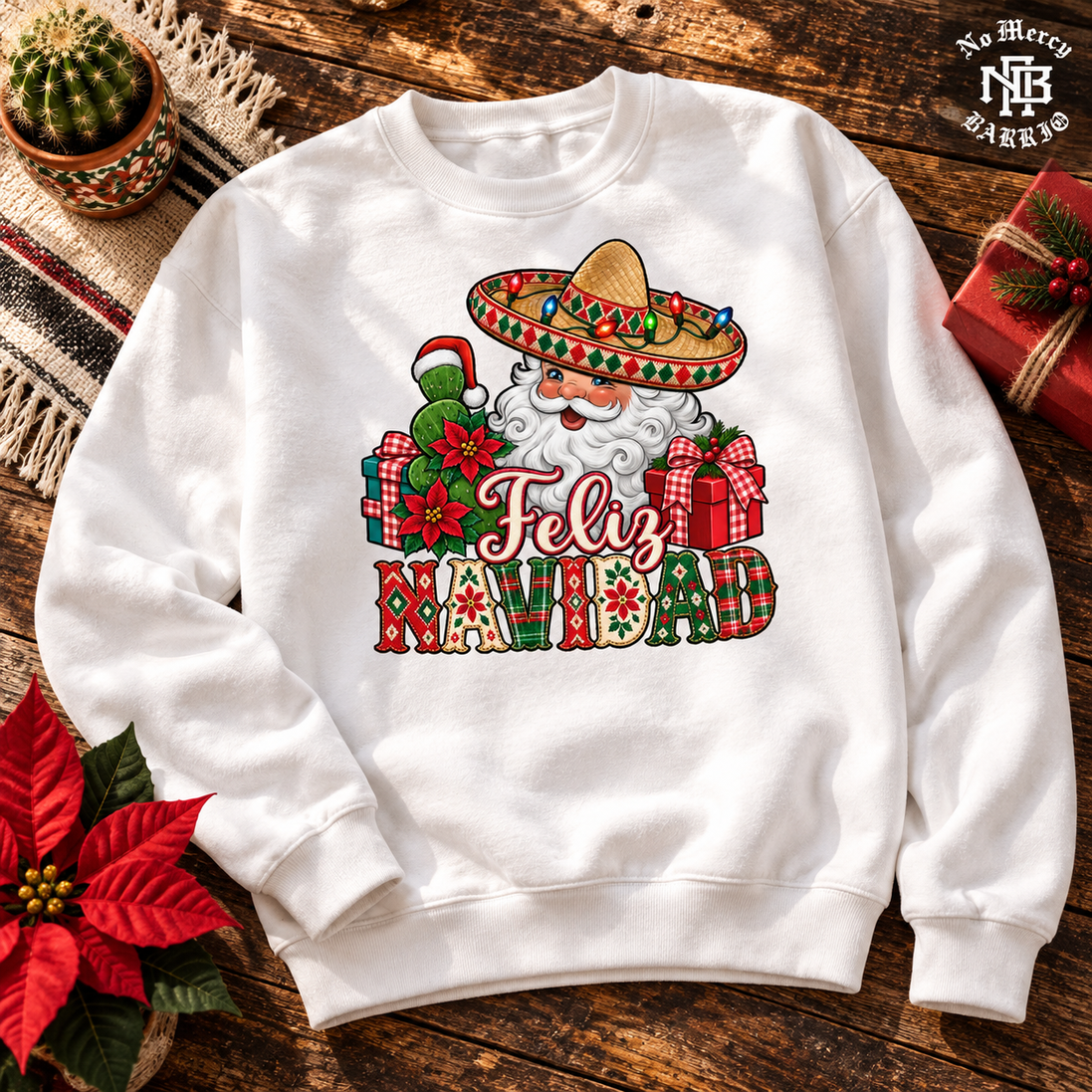 Feliz Navidad Santa Folk Patchwork Sweater White — Flatlay creative