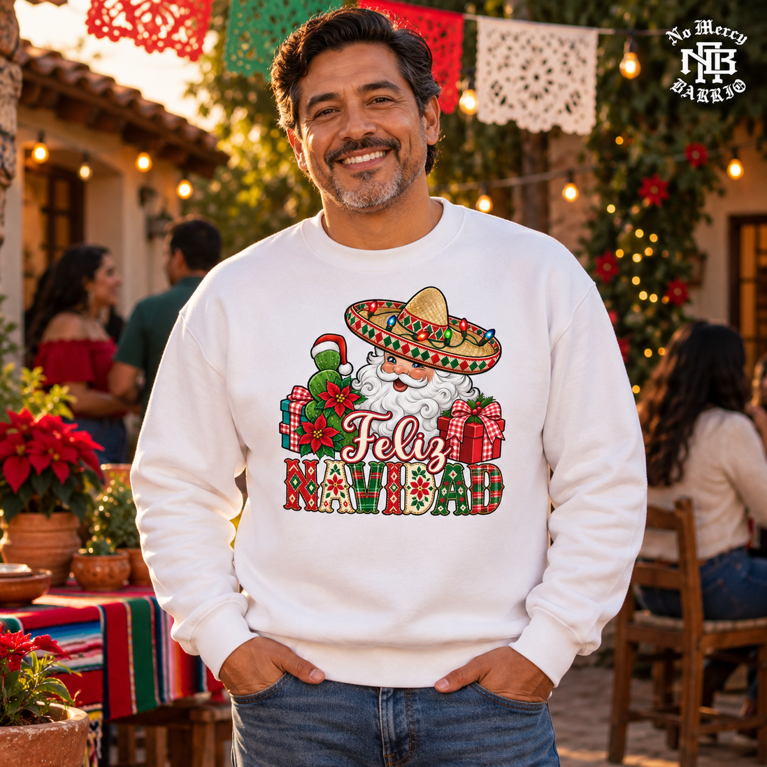 Feliz Navidad Santa Folk Patchwork Sweater White — Lifestyle creative
