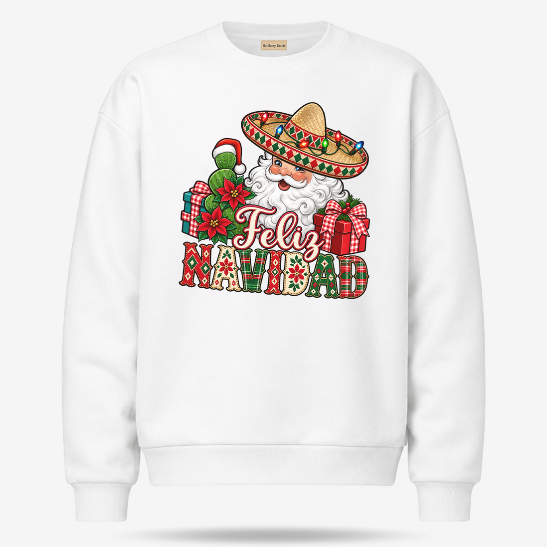 Feliz Navidad Santa Folk Patchwork Sweater White — product mockup