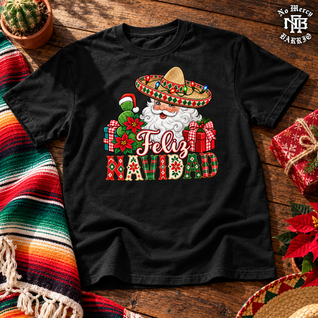 Feliz Navidad Santa Folk Patchwork T Shirt Black — Flatlay creative