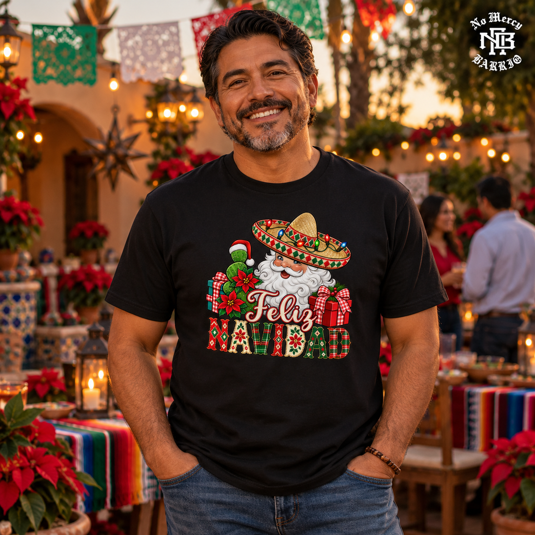 Feliz Navidad Santa Folk Patchwork T Shirt Black — Lifestyle creative