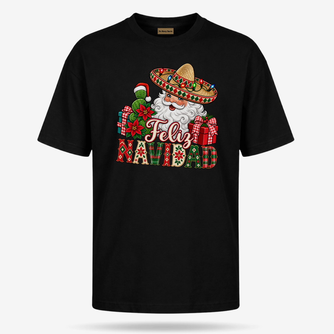 Feliz Navidad Santa Folk Patchwork T Shirt Black — product mockup