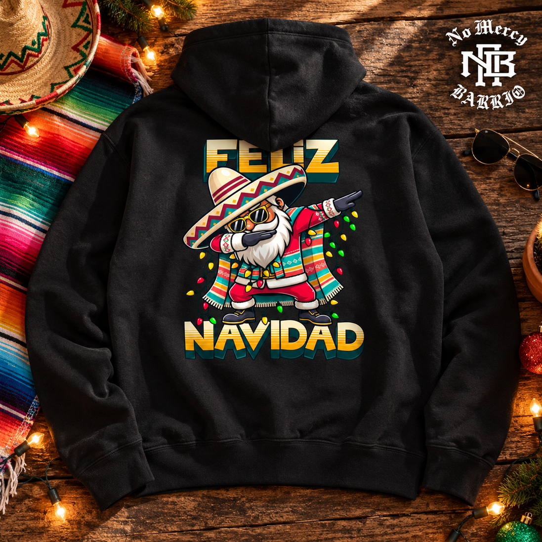 Feliz Navidad Santa Serape Remix Hoodie Black — Flatlay creative