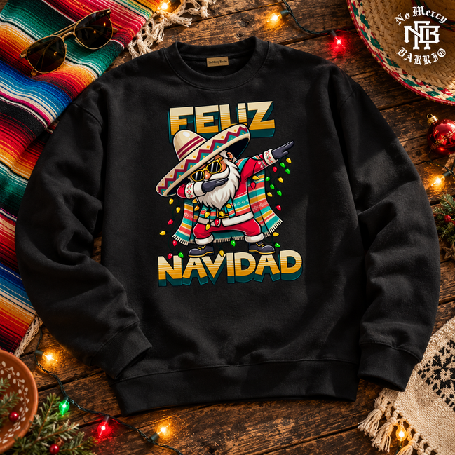 Feliz Navidad Santa Serape Remix Sweater Black — Flatlay creative