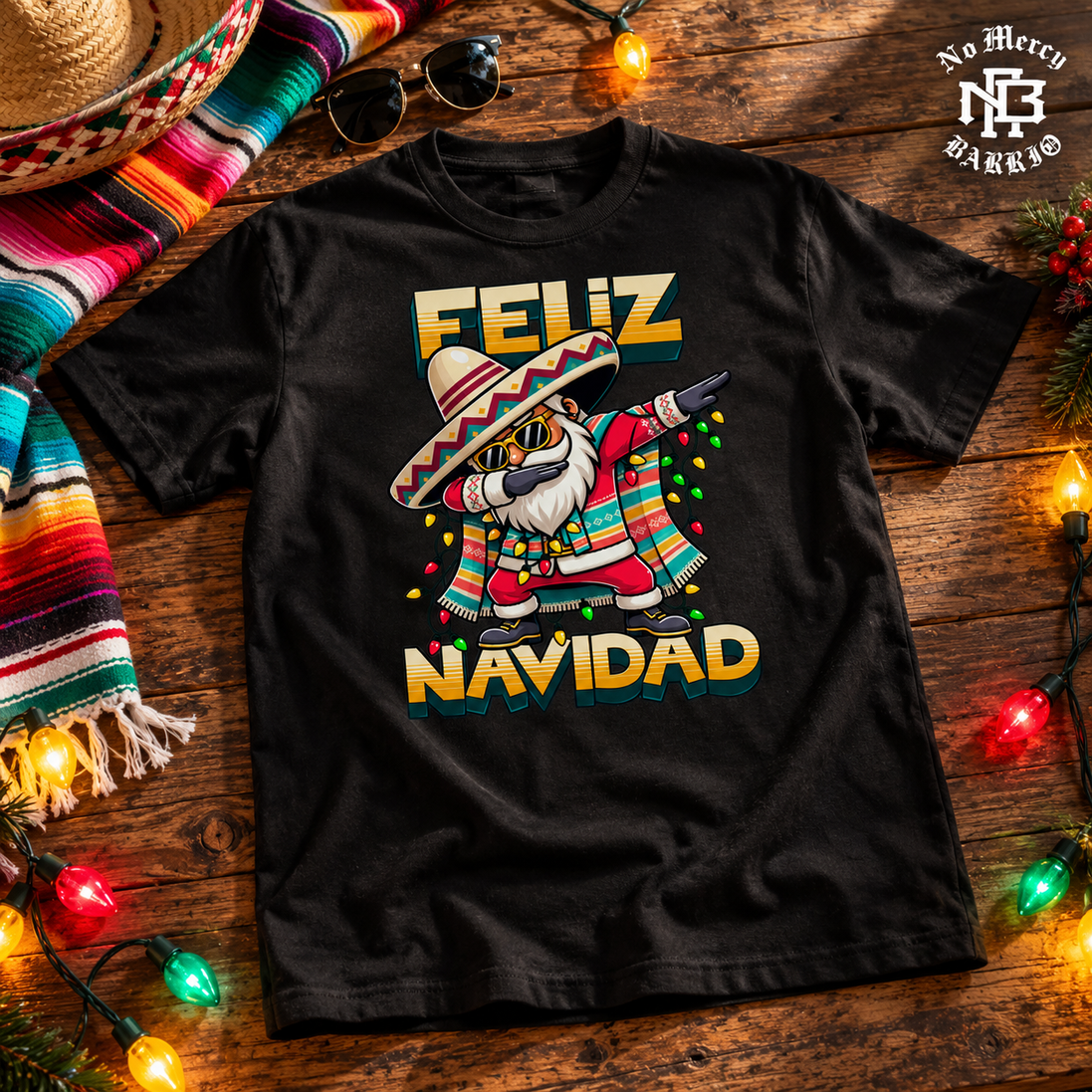Feliz Navidad Santa Serape Remix T Shirt Black — Flatlay creative