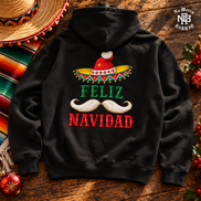 Feliz Navidad Sombrero Folk Trim Hoodie Black — Flatlay creative