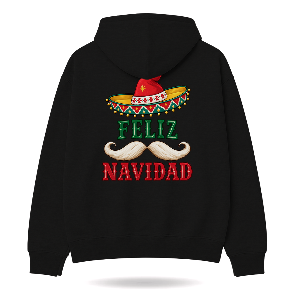 Feliz Navidad Sombrero Folk Trim Hoodie Black — product mockup