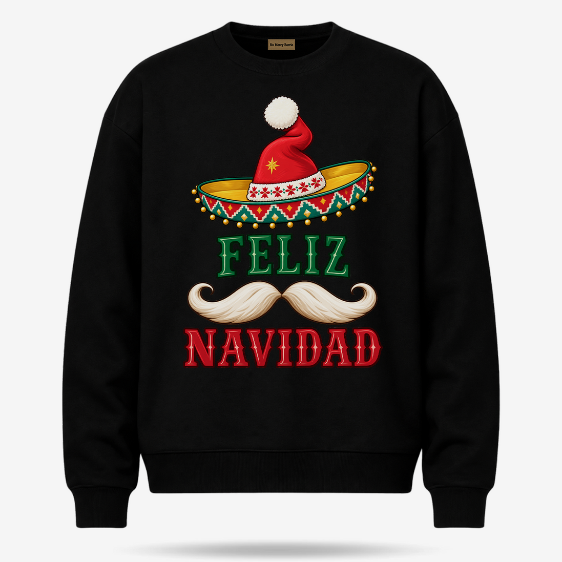 Feliz Navidad Sombrero Folk Trim Sweater Black — product mockup
