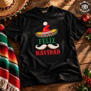 Feliz Navidad Sombrero Folk Trim T Shirt Black — Flatlay creative
