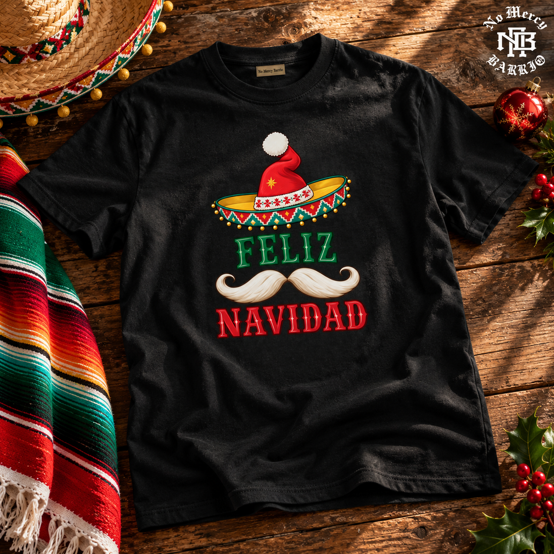 Feliz Navidad Sombrero Folk Trim T Shirt Black — Flatlay creative