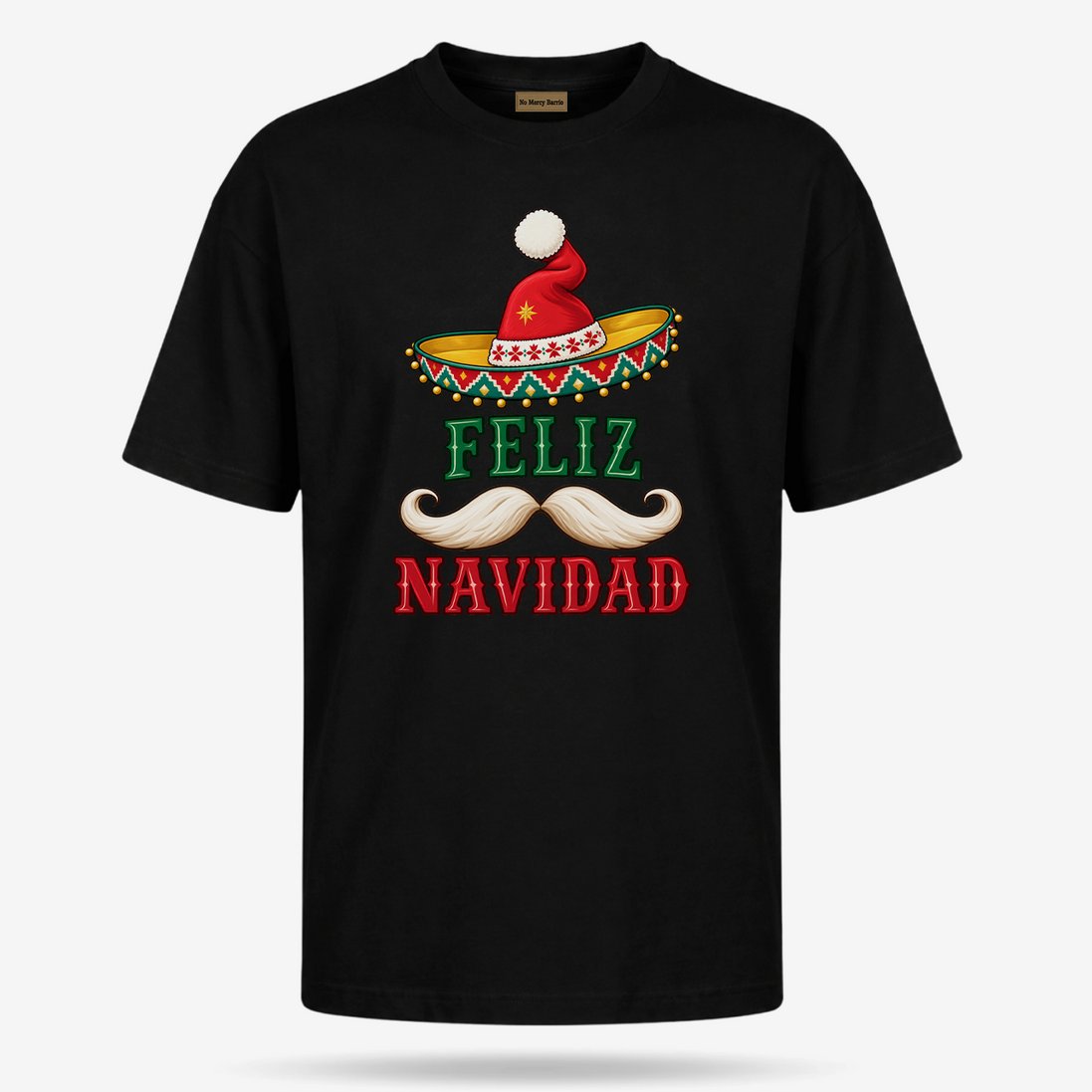 Feliz Navidad Sombrero Folk Trim T Shirt Black — product mockup
