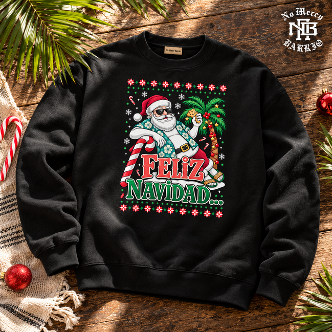 Feliz Navidad Tropical Palms Edition Sweater Black — Flatlay creative