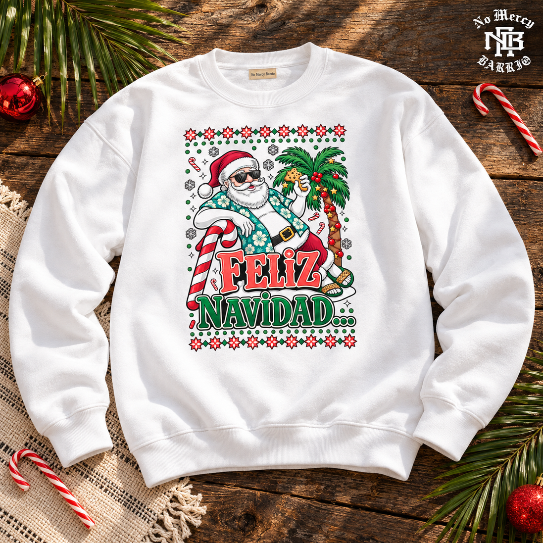 Feliz Navidad Tropical Palms Edition Sweater White — Flatlay creative