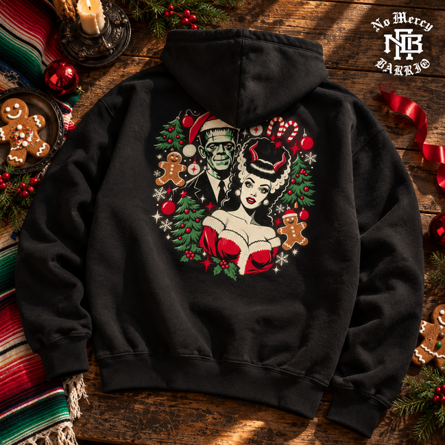 Frankie & La Novia Navidad Hoodie Black — Flatlay creative