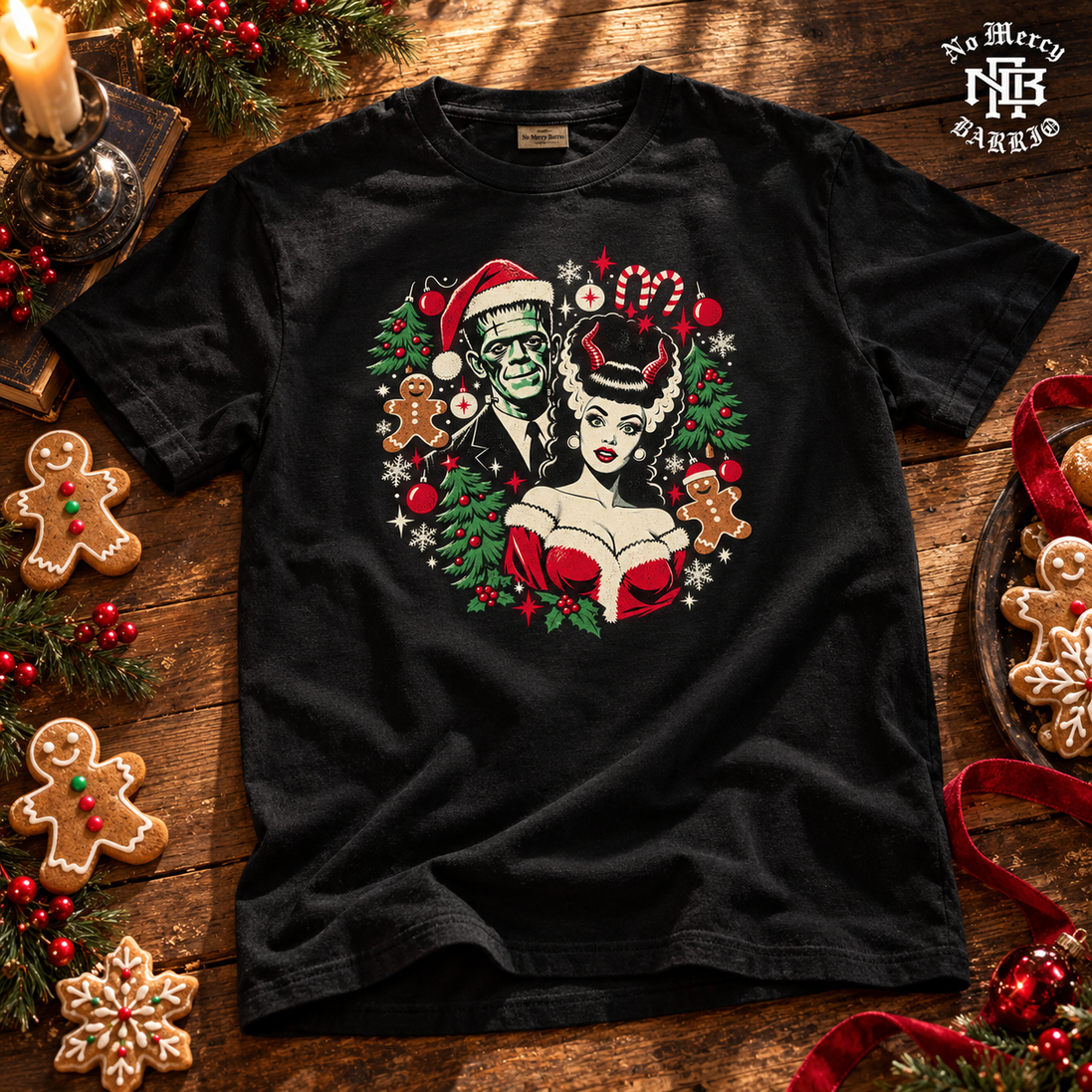 Frankie & La Novia Navidad T Shirt Black — Flatlay creative