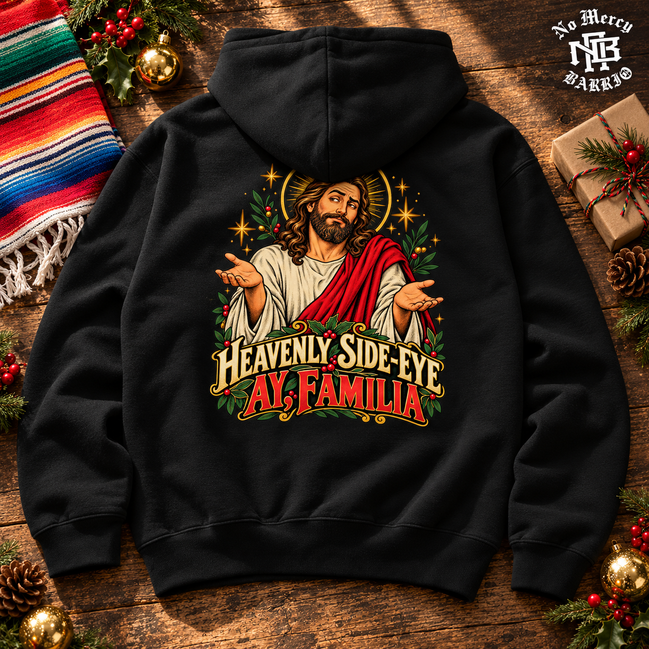 Heavenly Side Eye Navidad Hoodie Black — Flatlay creative