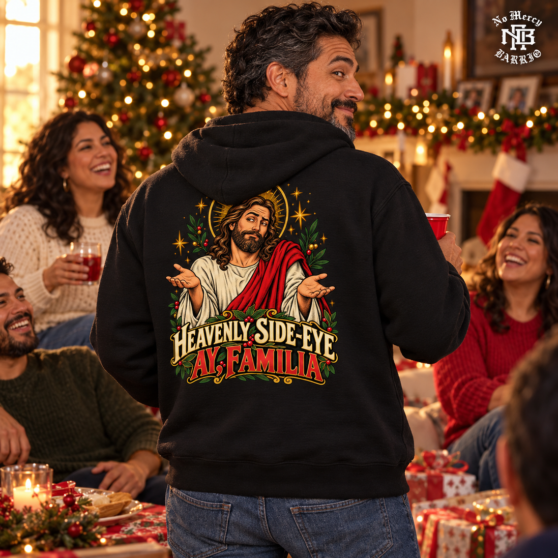 Heavenly Side Eye Navidad Hoodie Black — Lifestyle creative