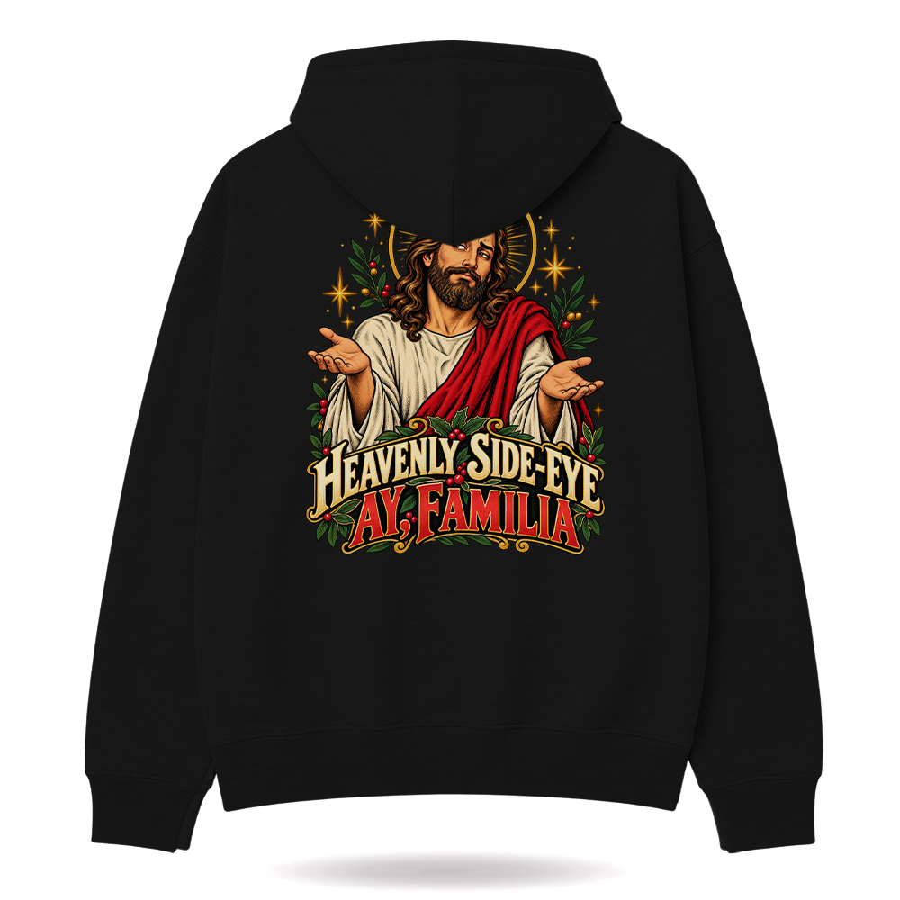 Heavenly Side Eye Navidad Hoodie Black — product mockup